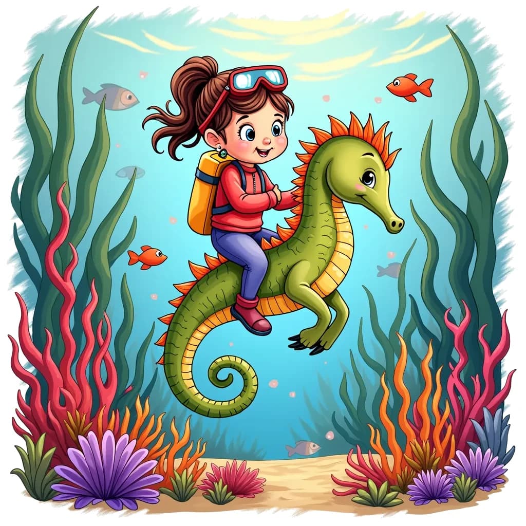 Coloring Page (colored): Seahorse Ride - A little girl in a diving suit gently riding on the back of a friendly seahorse as they explore a vibrant underwater garden filled with sea plants and fish.