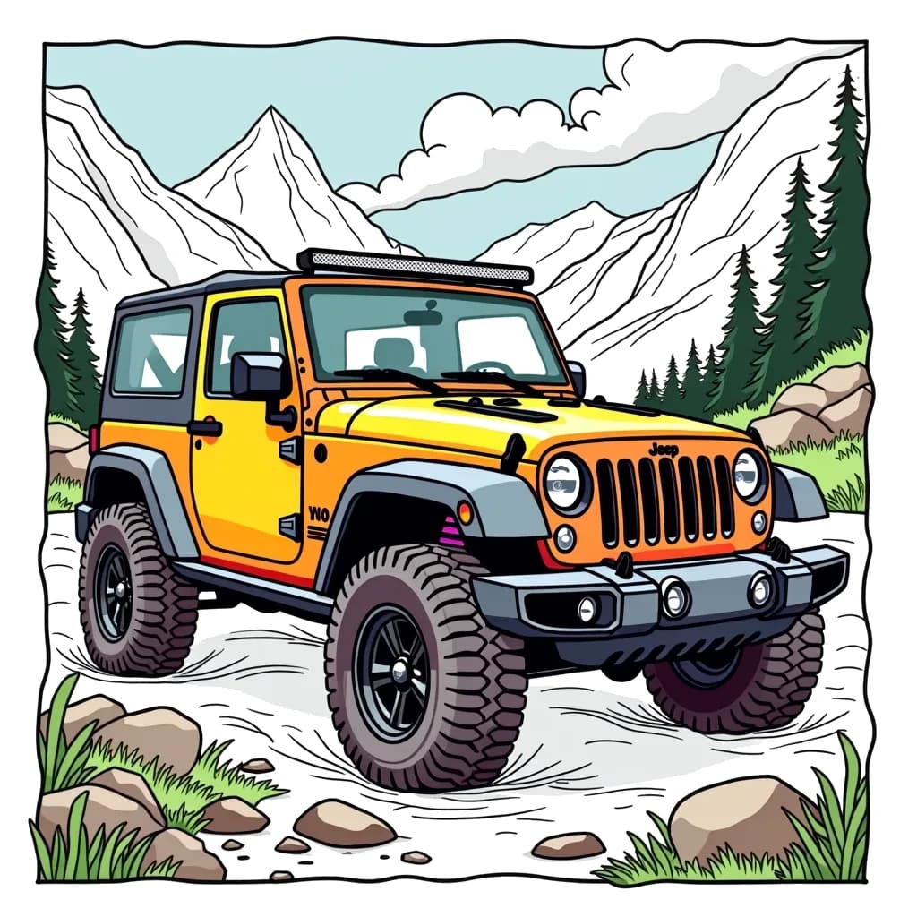 Coloring Page (colored): Jeep Adventure - A colorful jeep driving through a mountainous landscape with trees and rocks in the background.