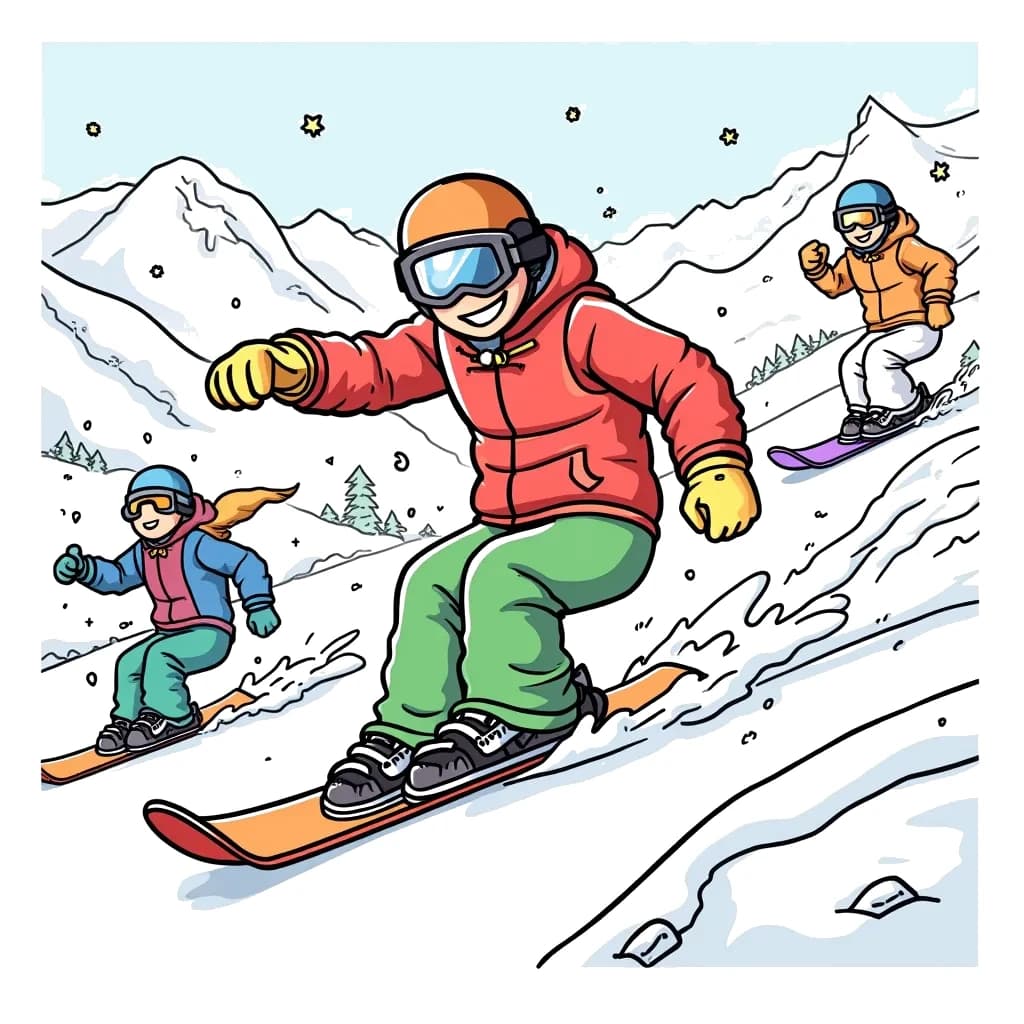 Coloring Page (colored): Snowboarder on a Mountain - An excited snowboarder racing down a snowy mountain slope, with snowflakes flying in the air and other skiers cheering in the background.