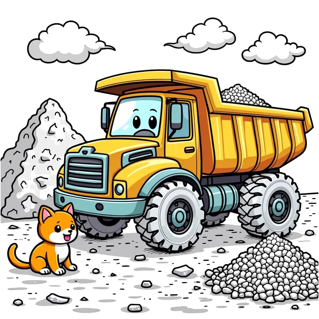 Coloring Page (colored): Dump Truck Delivery - A friendly dump truck is unloading gravel at a construction site, while a playful kitten is playing in the gravel pile.