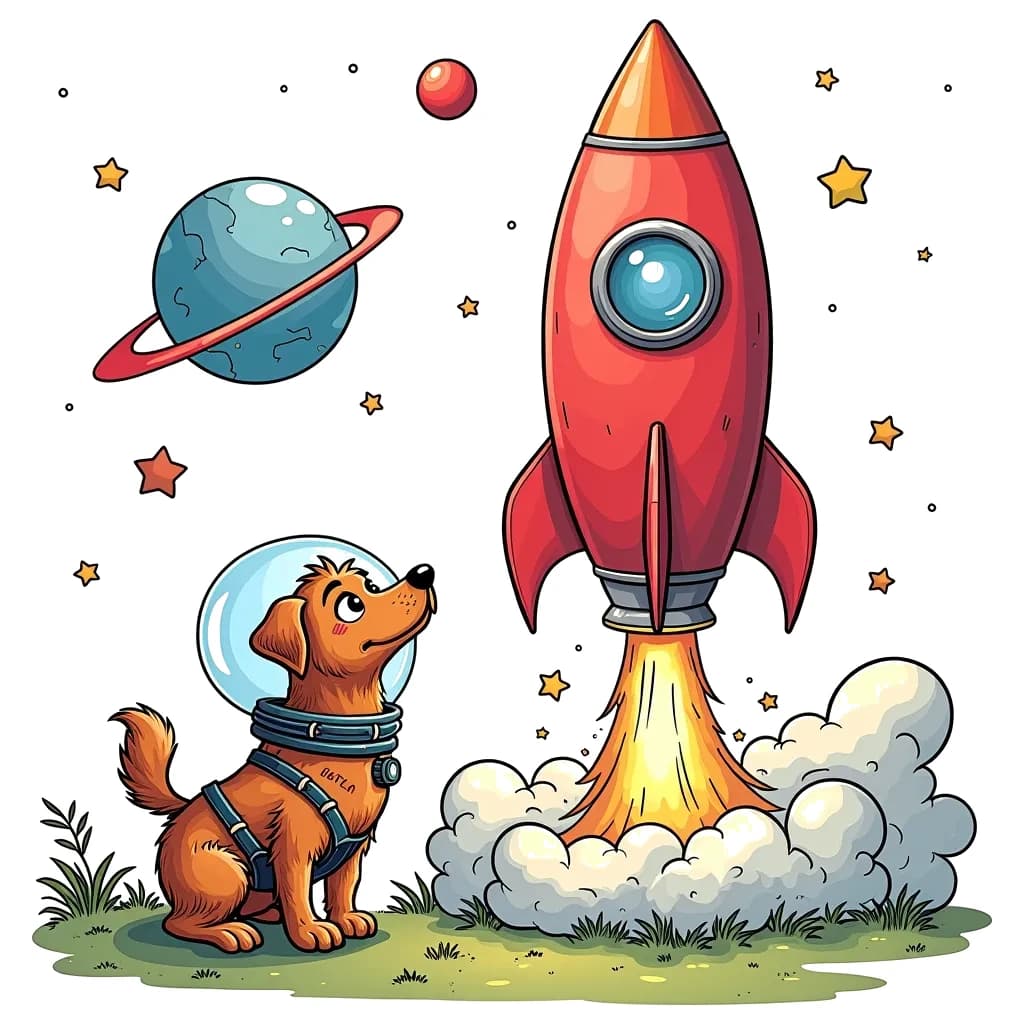 Coloring Page (colored): Rocket Launch - A bright red rocket ship is about to launch into space. A curious dog with a space suit looks up at the rocket, tail wagging in excitement.