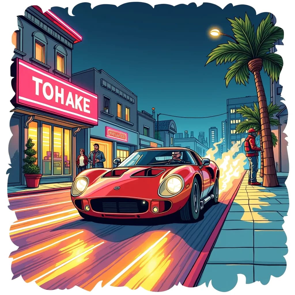 Coloring Page (colored): Night Racing - Create a thrilling night scene of a high-speed racing car zooming down a neon-lit city street, leaving trails of light behind, with a spectator watching in awe from the sidewalk.