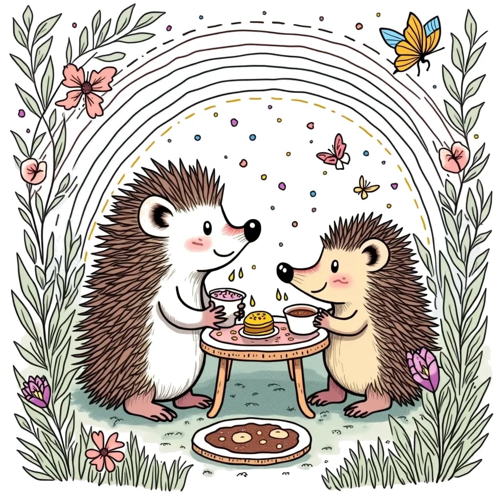 Coloring Page (colored): Hedgehog's Garden Party - A cute hedgehog throwing a garden party for his forest friends, with little tables set up and snacks everywhere, under a rainbow. There are butterflies and bees buzzing around, adding to the festive atmosphere.