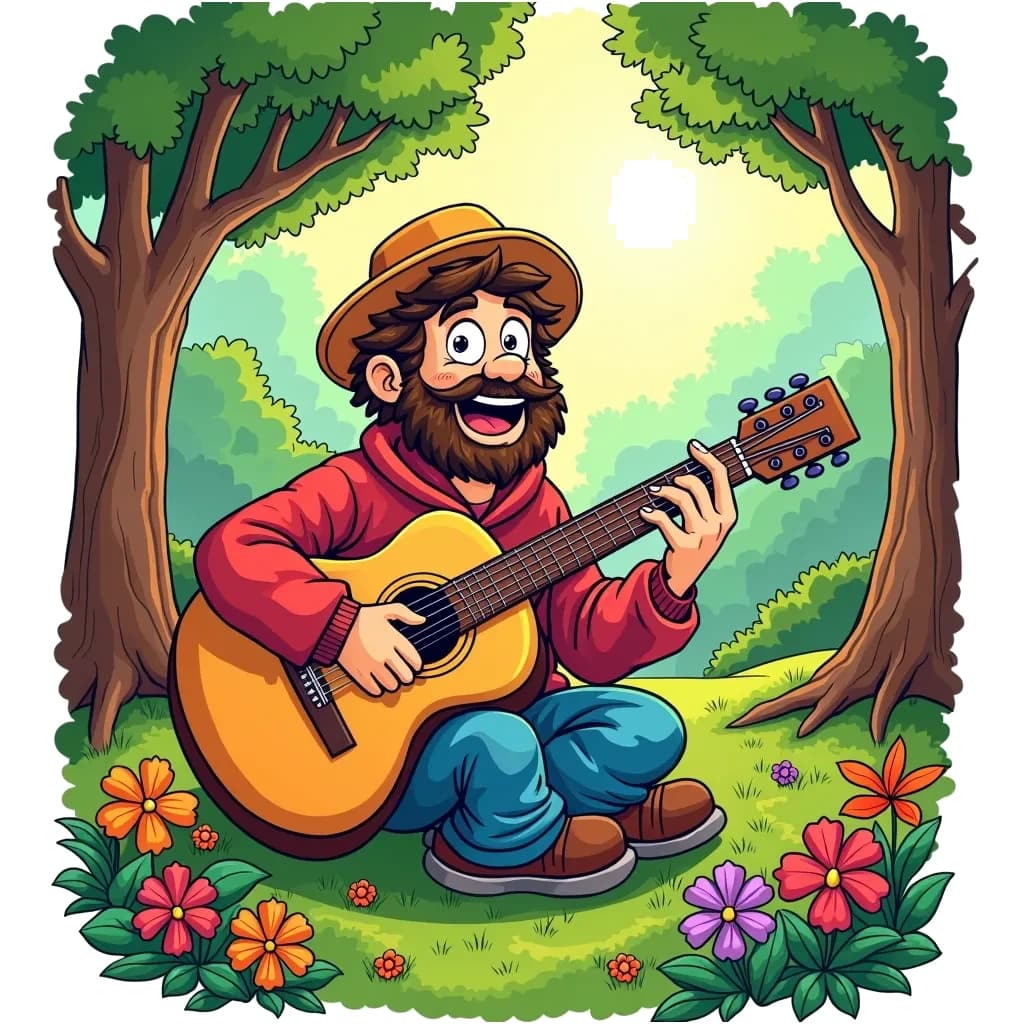 Coloring Page (colored): The Guitarist's Serenade - A cheerful guitarist playing an acoustic guitar in a park, surrounded by trees and flowers. Sunlight filters through the leaves, creating a warm atmosphere.