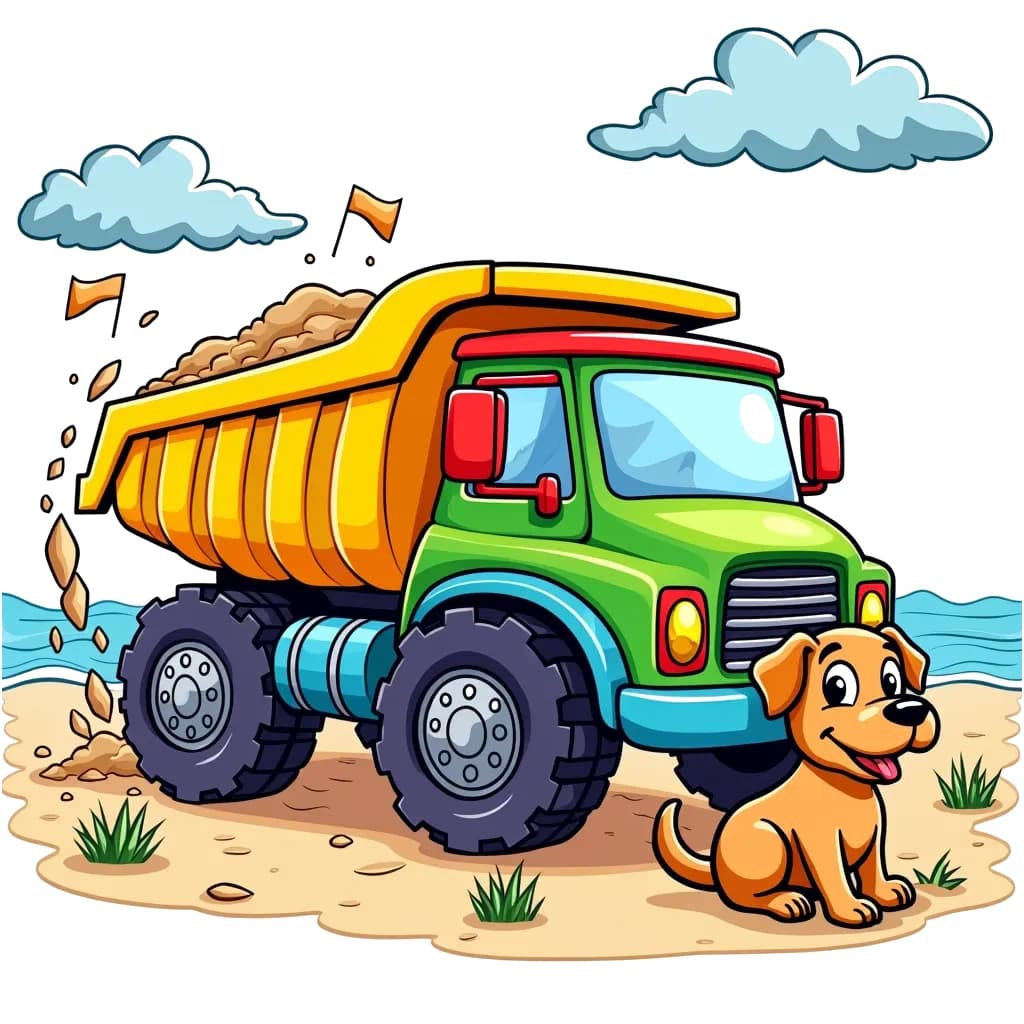 Coloring Page (colored): Dump Truck Delivery - A colorful dump truck unloading sand at a beach, with a happy dog playing in the sand.