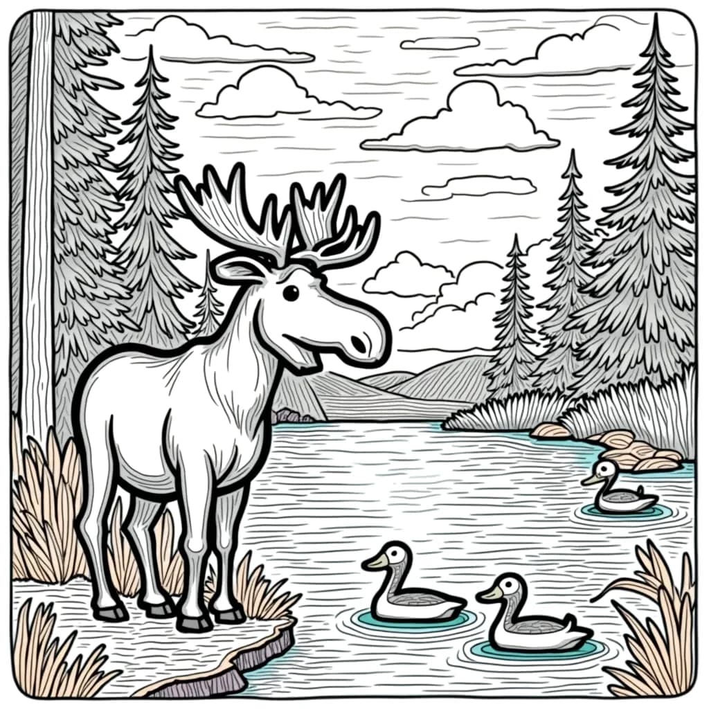 Coloring Page (colored): Moose in the Forest - A gentle moose standing beside a sparkling lake in a serene forest, with tall pine trees and a family of ducks swimming nearby.