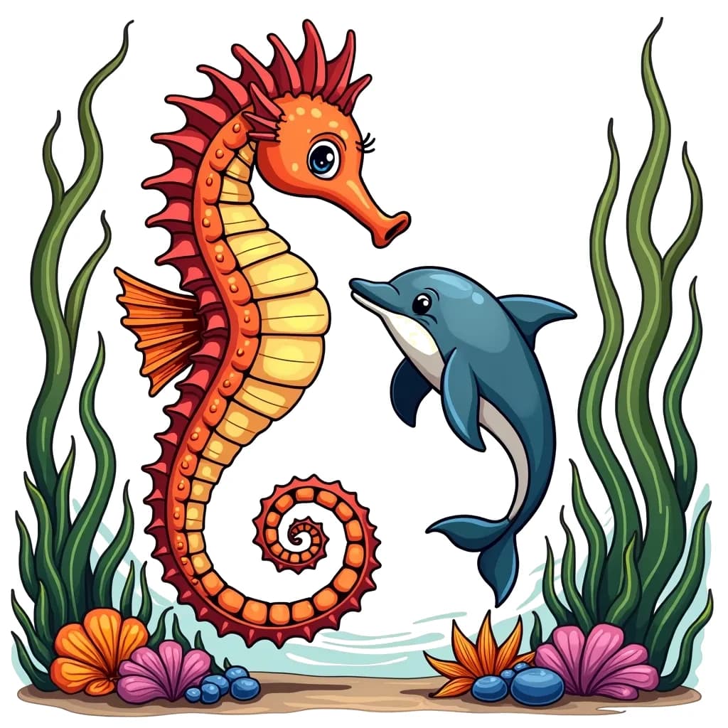 Coloring Page (colored): Seahorse Serenade - A graceful seahorse floats gently among swaying seaweed while a curious dolphin swims nearby, intrigued by the seahorse's delicate movements.