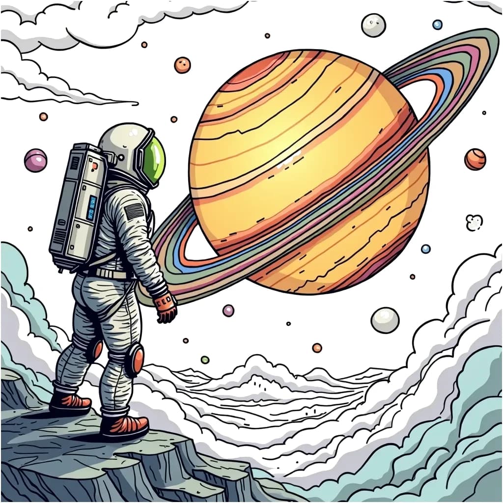 Coloring Page (colored): Exploring the Rings of Saturn - An astronaut gazes in awe at the magnificent rings of Saturn while drifting in space. The scene captures the vibrant colors of the rings and the mysterious shadows they cast.