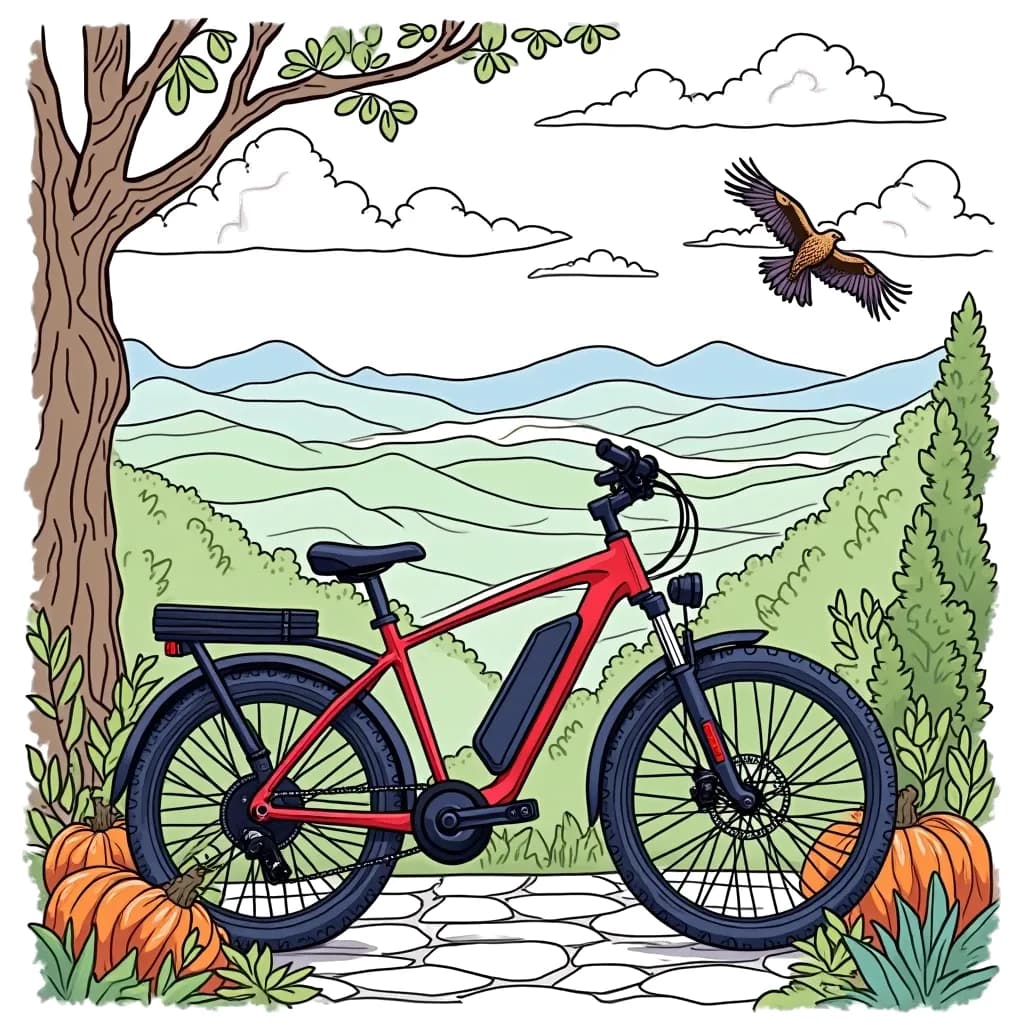 Coloring Page (colored): Electric Bike Adventure - An electric bike is parked next to a scenic lookout, with a panoramic view of mountains and a hawk flying in the distance.