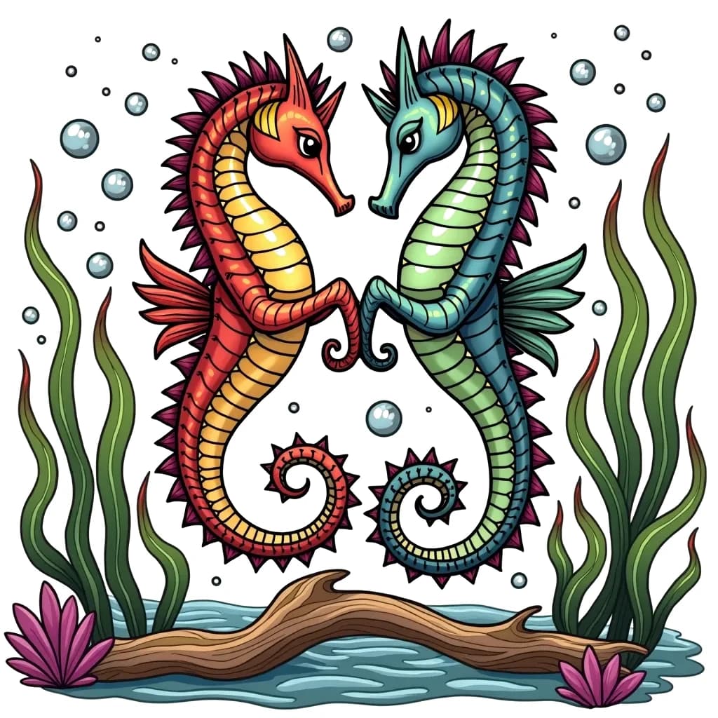 Coloring Page (colored): Seahorse Ballet - Two elegant seahorses twirling gracefully around a piece of driftwood, surrounded by floating seaweed and bubbles in the ocean.