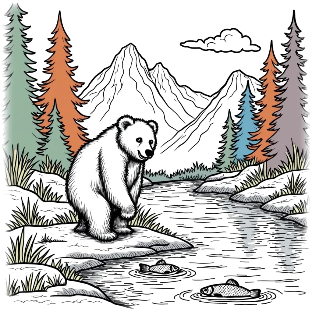 Coloring Page (colored): Bear by the River - A bear stands beside a river, catching fish in the water, with tall trees and mountains in the background.