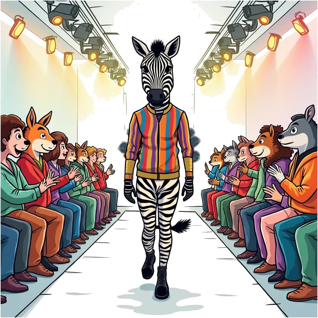 Coloring Page (colored): Zebra's Fashion Show - Illustrate a fashion show featuring a stylish zebra on the runway, surrounded by bright lights and cheering animal fans. The zebra is wearing a colorful outfit made of stripes.