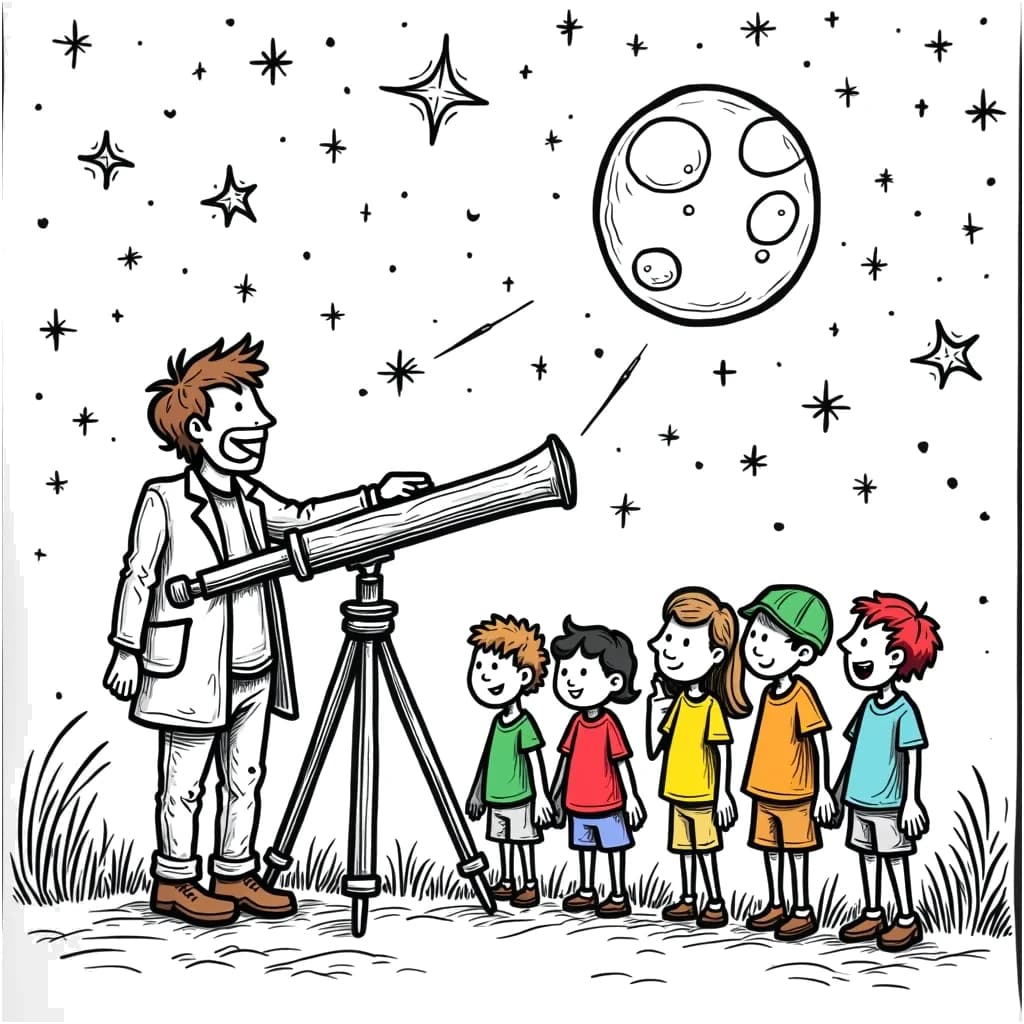 Coloring Page (colored): Astronomer's Night Sky - An astronomer is standing next to a telescope on a hilltop, pointing out constellations to a group of excited kids. The night sky is filled with twinkling stars, a glowing moon, and shooting stars!