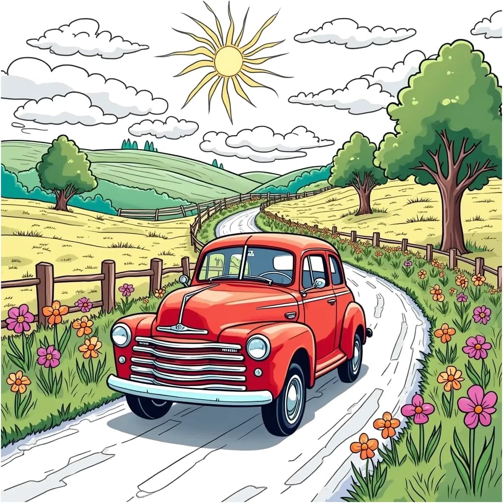 Coloring Page (colored): Vintage Car on a Country Road - A vintage car drives along a winding country road, surrounded by fields of wildflowers and trees, with a bright sun overhead and fluffy clouds in the sky.