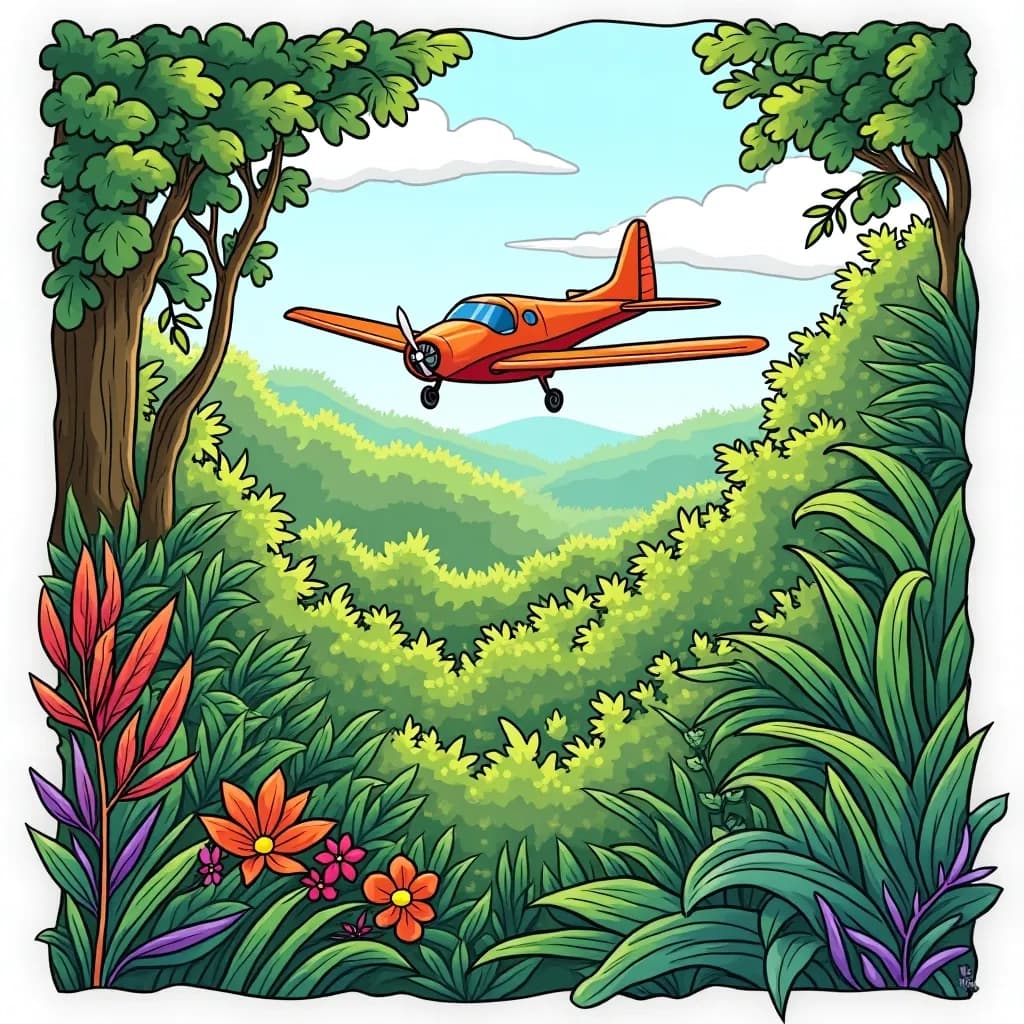 Coloring Page (colored): Jungle Journey - A bush plane flying over a lush green jungle, spotting monkeys swinging on vines and exotic birds flitting through the treetops.