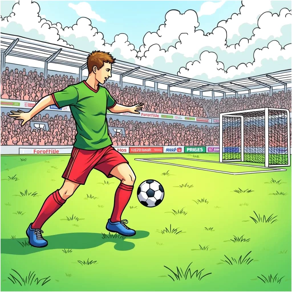 Coloring Page (colored): Football Player Training - A football player practicing his kicks on a vibrant green field, with goalposts in the background and a cheering crowd.