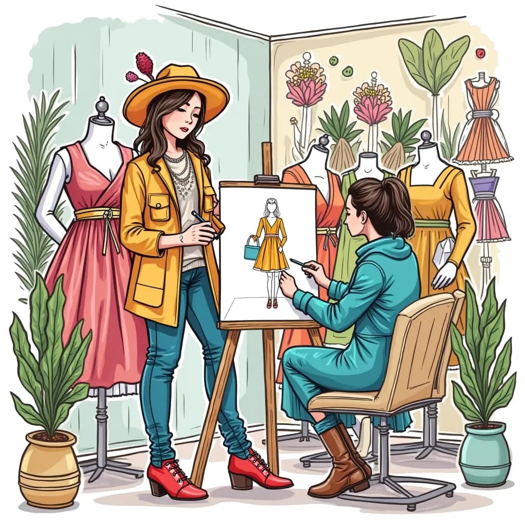 Coloring Page (colored): Fashion Designer's Dream - A stylish fashion designer is sketching out new designs in a bright studio surrounded by mannequins wearing whimsical outfits and colorful fabrics.