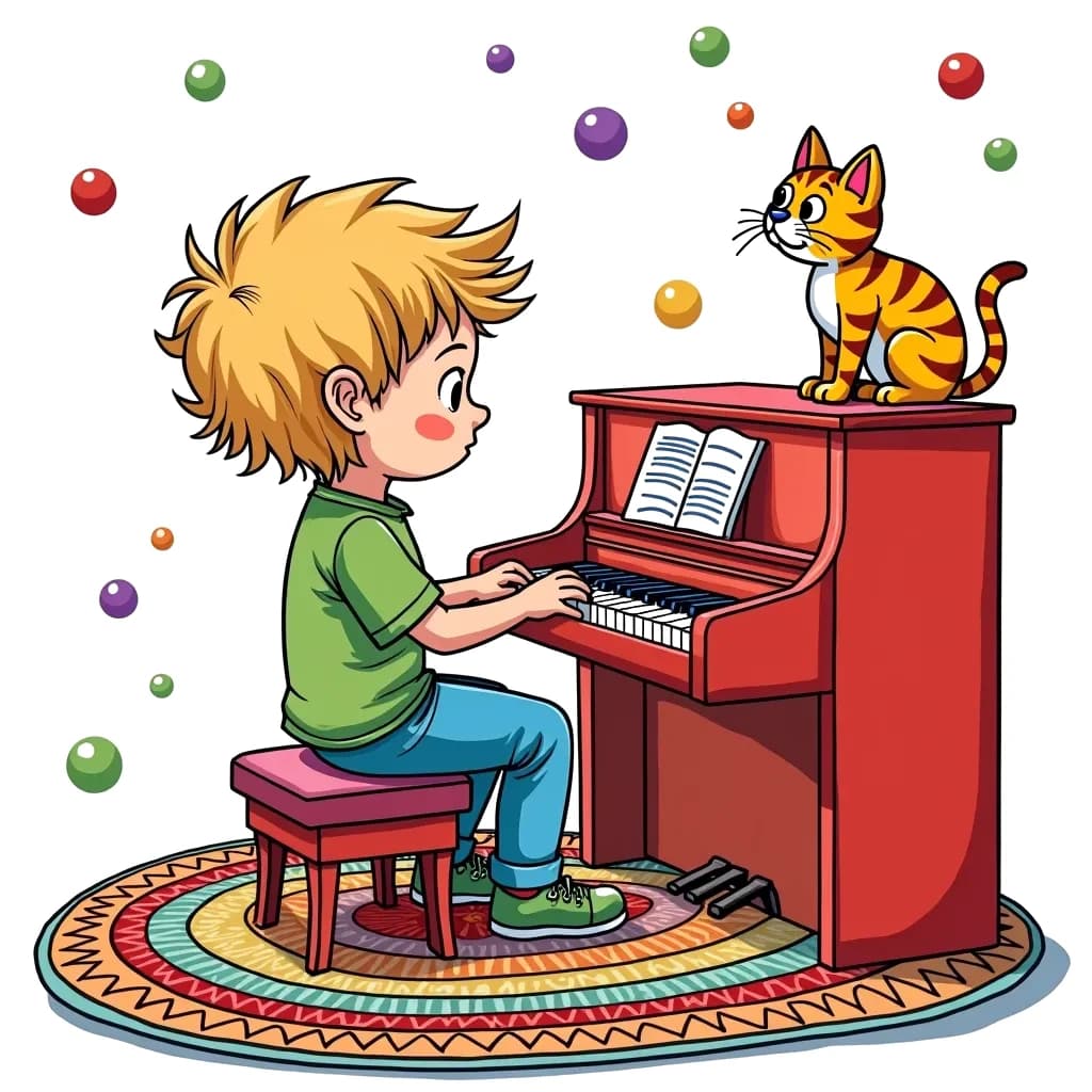 Coloring Page (colored): Piano Dreams - A child sitting on a colorful rug, playing a bright red piano with their pet cat curiously watching the keys.