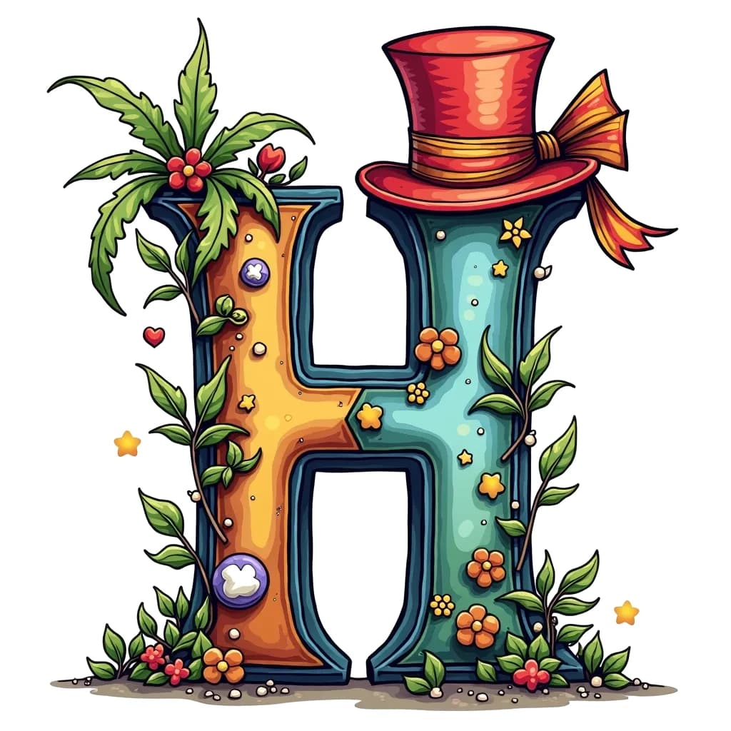 Coloring Page (colored): H and Hat - A bold letter H with a stylish top hat perched on it, decorated with a colorful ribbon.