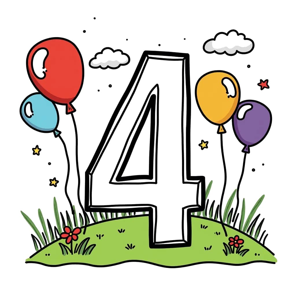 Coloring Page (colored): Number 4 with Four Balloons - Create a scene with the number 4 and 4 colorful balloons floating happily in the air.