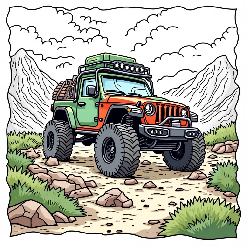 Coloring Page (colored): Mountain Adventure - A rugged off-road truck climbing a rocky mountainous terrain, with detailed pine trees and a blue sky filled with fluffy white clouds.