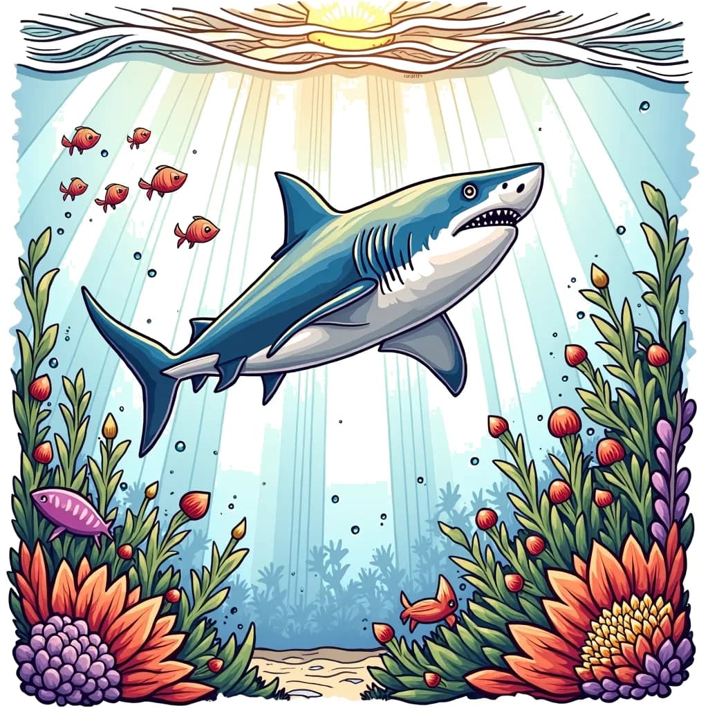 Coloring Page (colored): Shark and Sunlight - A sleek shark swimming gracefully through beams of sunlight that pierce the ocean surface, with a school of fish shimmering nearby, creating a dynamic underwater dance.