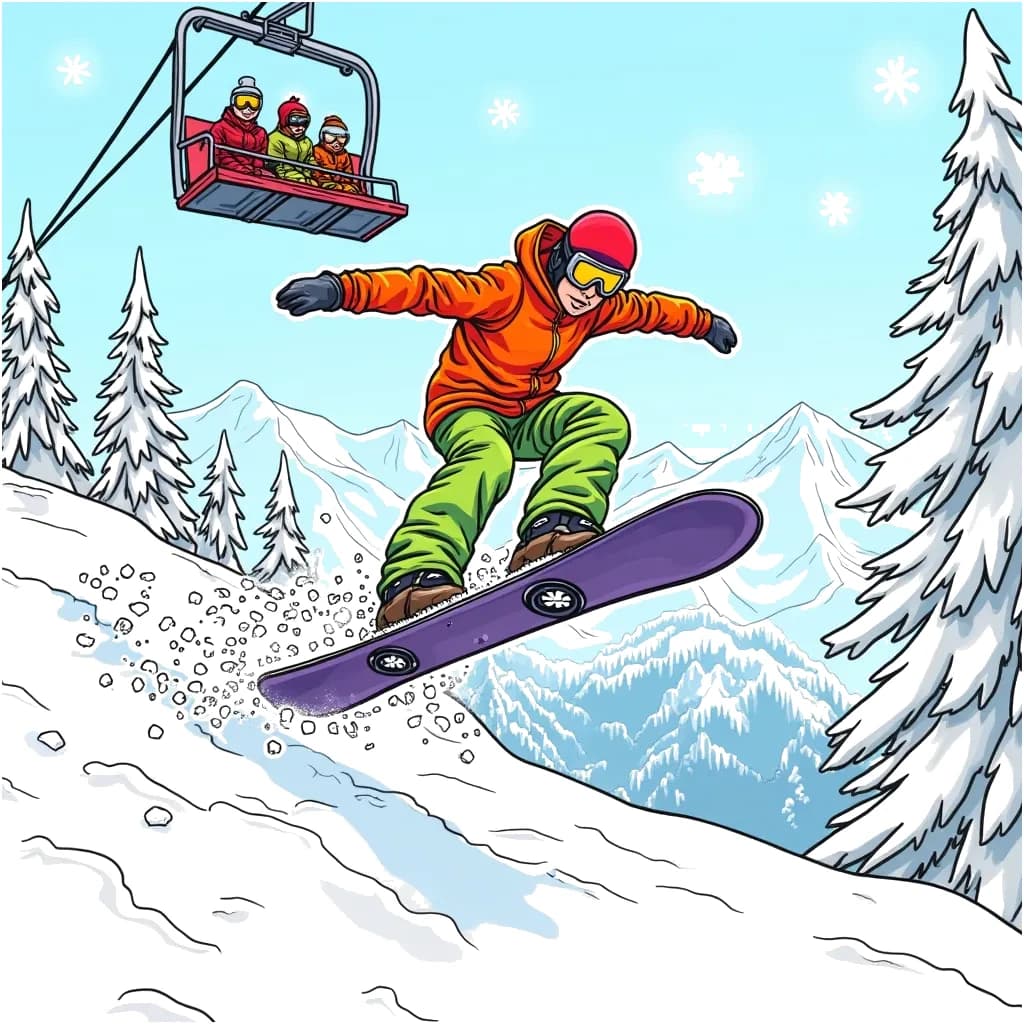 Coloring Page (colored): Snowboarder on a Winter Adventure - A fearless snowboarder zooms down a snowy mountain, performing tricks in mid-air. Snowflakes swirl around as friends cheer from the ski lift above, enjoying the beautiful winter landscape with pine trees and a bright blue sky.