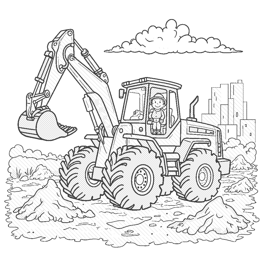 Coloring Page: Digger Truck at a Construction Site - A digger truck digging into the ground at a construction site, surrounded by dirt piles and building materials.