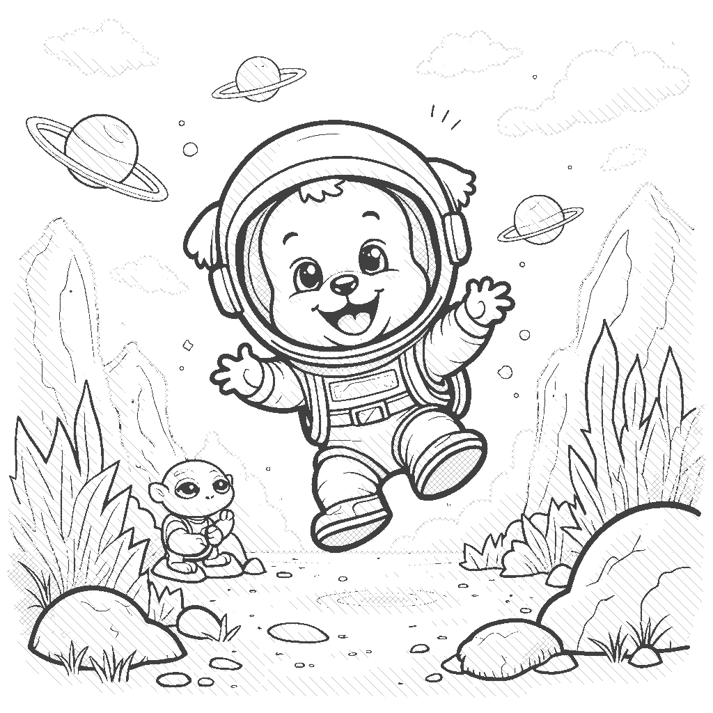 Coloring Page: Puppy Space Explorer - A cute puppy wearing a tiny space helmet joyfully bounces on the surface of a colorful alien planet, with big, fluffy plants around and a friendly alien peeking from behind a rock.