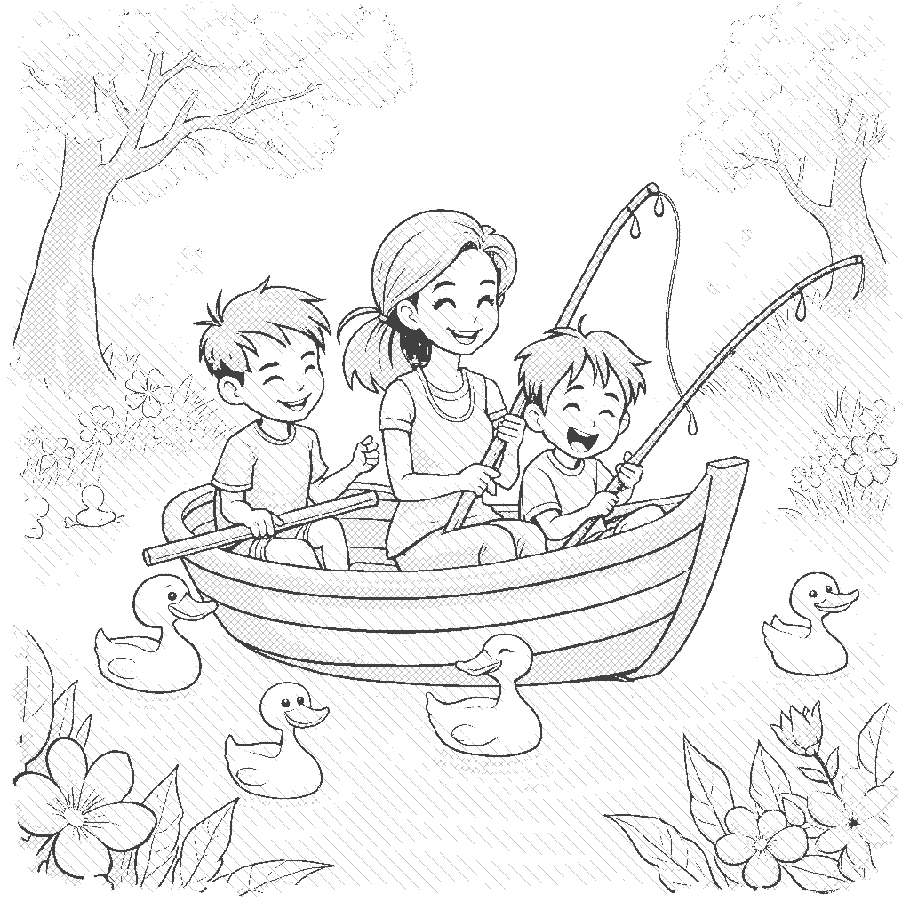 Coloring Page: Family Fishing Adventure - A cheerful family in a colorful fishing boat, laughing and having a great time. They are surrounded by ducks swimming nearby, and one of the children is holding a fishing rod, waiting for a bite. The lake is surrounded by lush greenery and blossoming flowers, creating a lively and fun atmosphere.