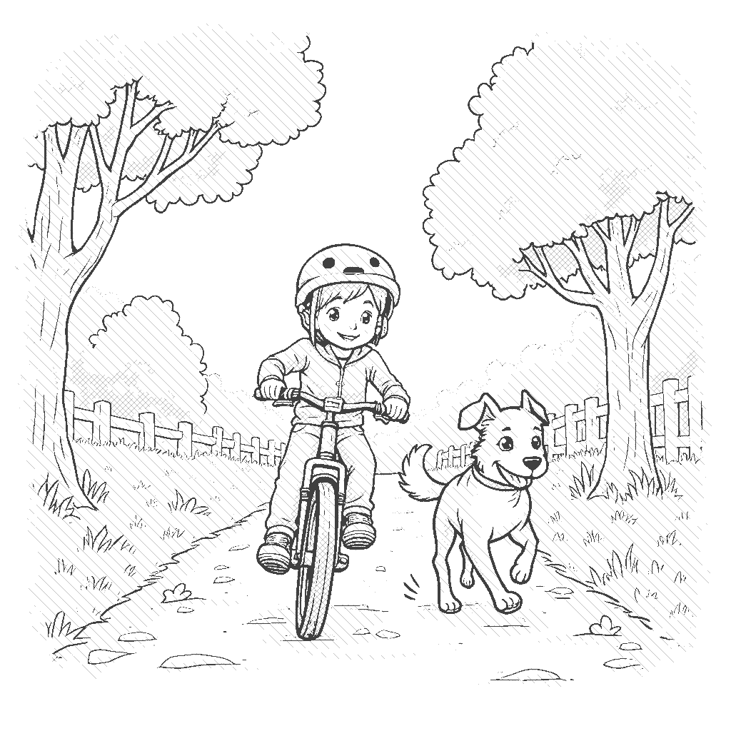 Coloring Page: Bicycle Adventure - A child is riding a bicycle down a sunny path with trees on either side. A friendly dog runs alongside, enjoying the fun of the ride.