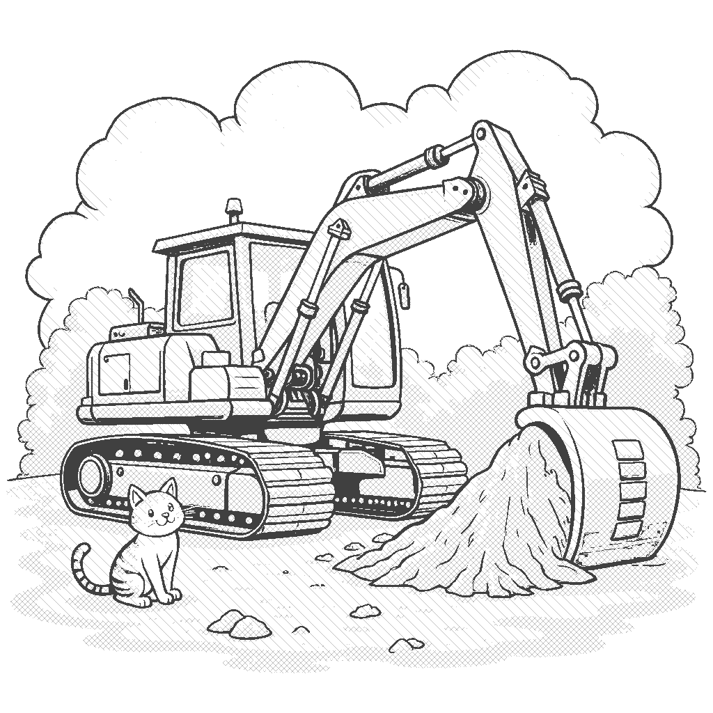 Coloring Page: Excavator Adventure - An excavator is digging deep into the ground, with a curious cat watching from the side, fascinated by the digging process. The scene captures the excitement of construction with dirt flying and the cat's playful demeanor.