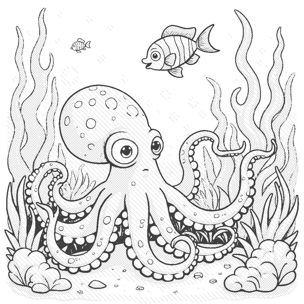 Coloring Page: Octopus's Garden - A clever octopus camouflages among colorful sea plants, playfully hiding from a school of small fish that swim by.