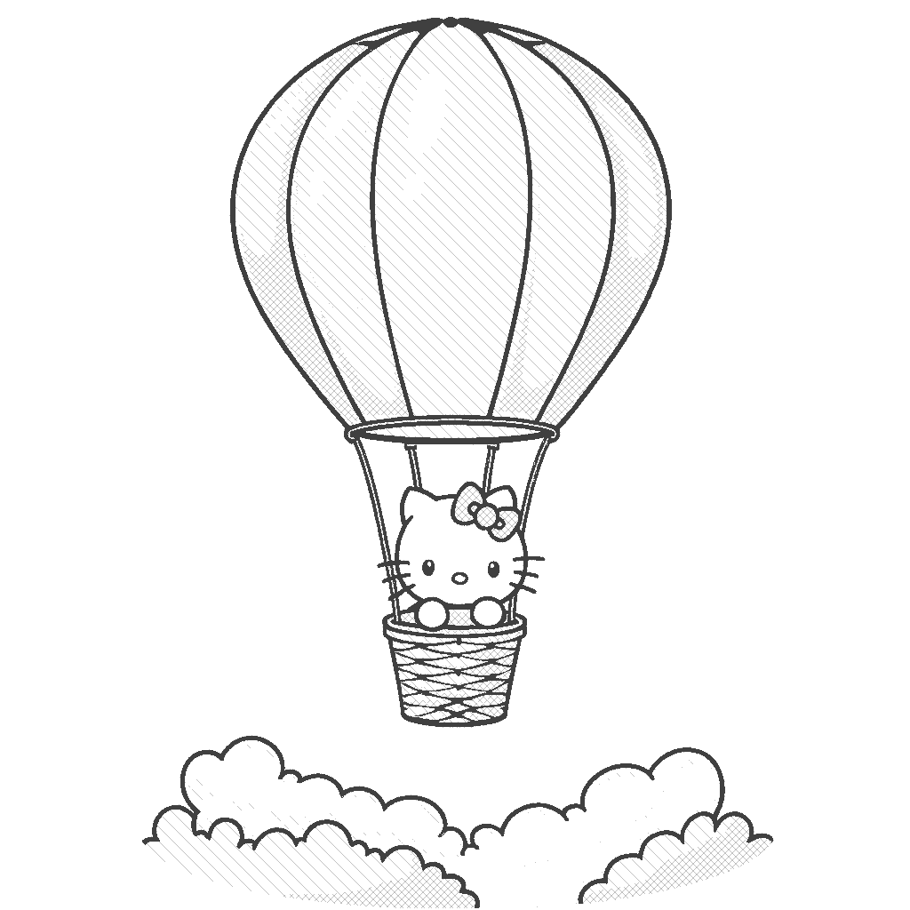 Coloring Page: Hello Kitty in a Hot Air Balloon - Hello Kitty floating in a colorful hot air balloon above a snowy landscape, with soft clouds and snowy mountains in the distance. She smiles as she waves down at the snowy scene.