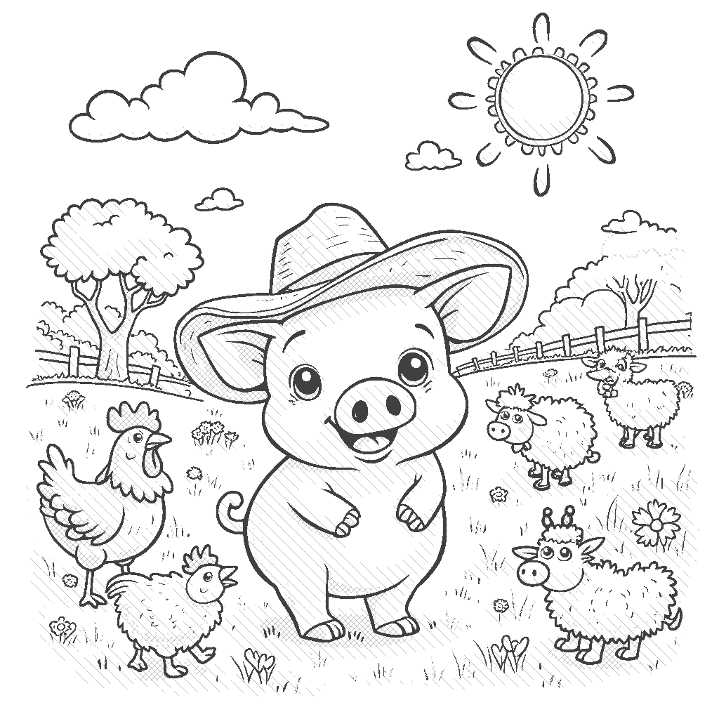 Coloring Page: Pig's Farm Adventure - A cheerful pig wearing a straw hat is exploring the farm, surrounded by friendly animals like chickens, cows, and sheep, with a sunny sky overhead.