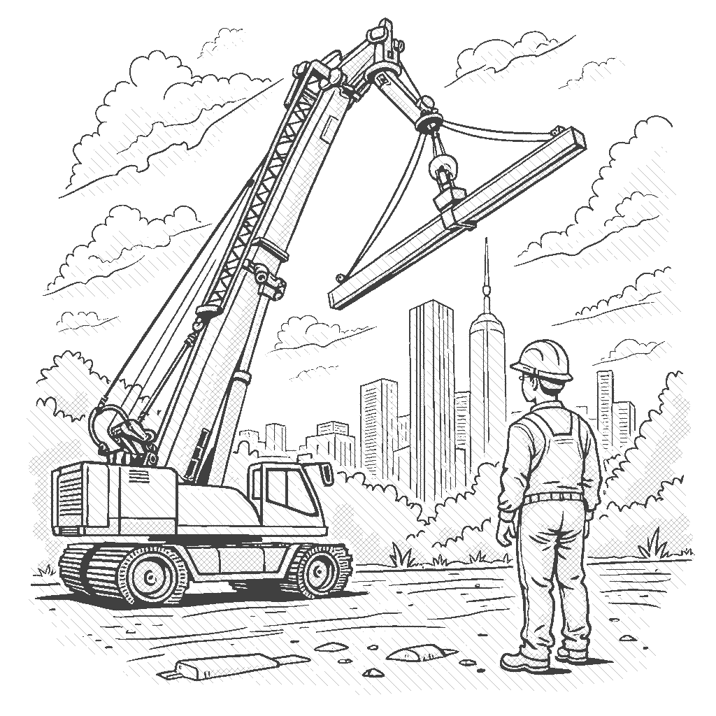 Coloring Page: Craning It Up - A crane is lifting a huge steel beam high into the air while a safety helmet-wearing worker watches closely. The skyline of a city can be seen in the background.