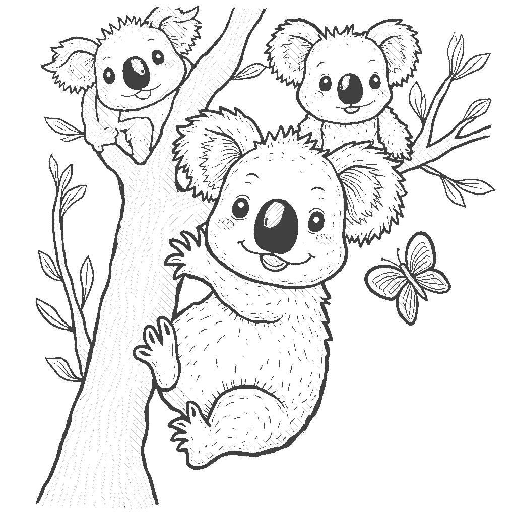 Coloring Page: Koala's Adventure in a Tree - A cheerful koala hangs upside down from a eucalyptus tree, playfully reaching for a nearby colorful butterfly, while its friends watch from the branches above.