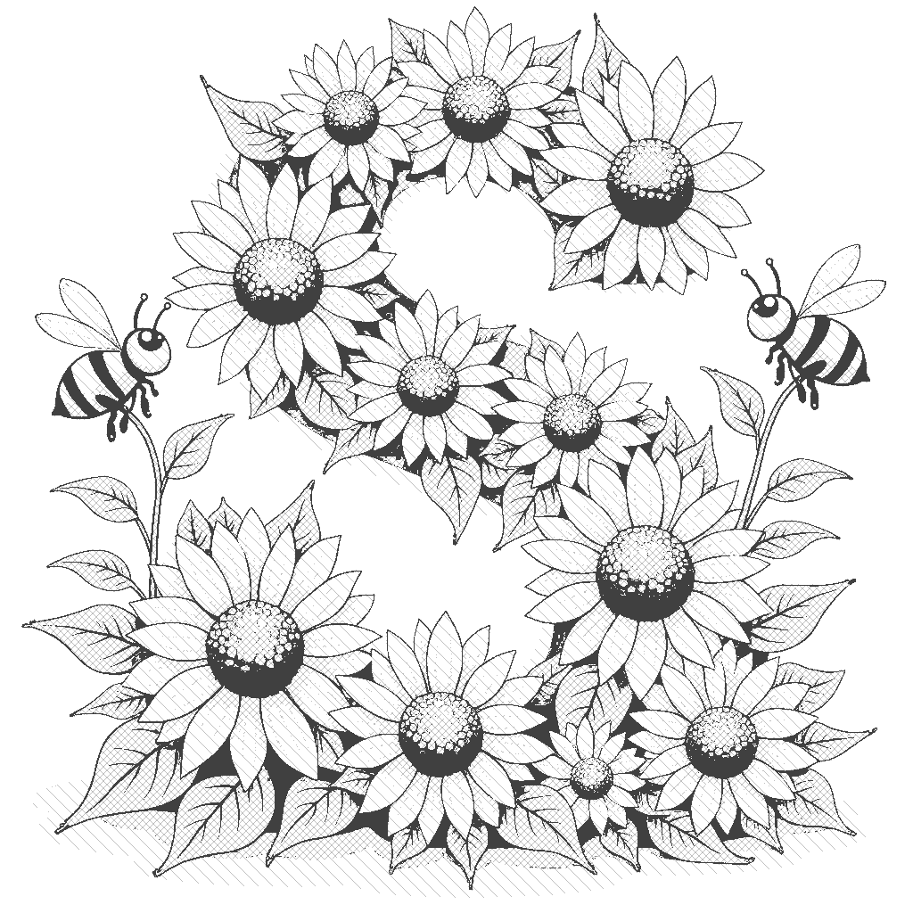 Coloring Page: S and Sunflower - A sunny letter S surrounded by bright sunflowers, with a cheerful bee buzzing around.