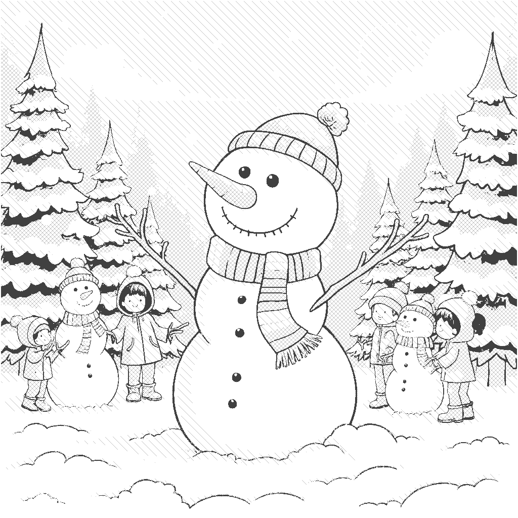 Coloring Page: Winter Fun in the Park - A cheerful snowman with a bright orange carrot nose and a scarf made of colorful fabric stands in the middle of a snowy park. The park is filled with tall evergreen trees covered in fluffy white snow, with the sun shining down to create a warm golden glow. Children in vibrant red and blue jackets are building more snowmen nearby, their cheeks rosy from the cold. The sky is a brilliant azure blue with a few fluffy white clouds floating by.