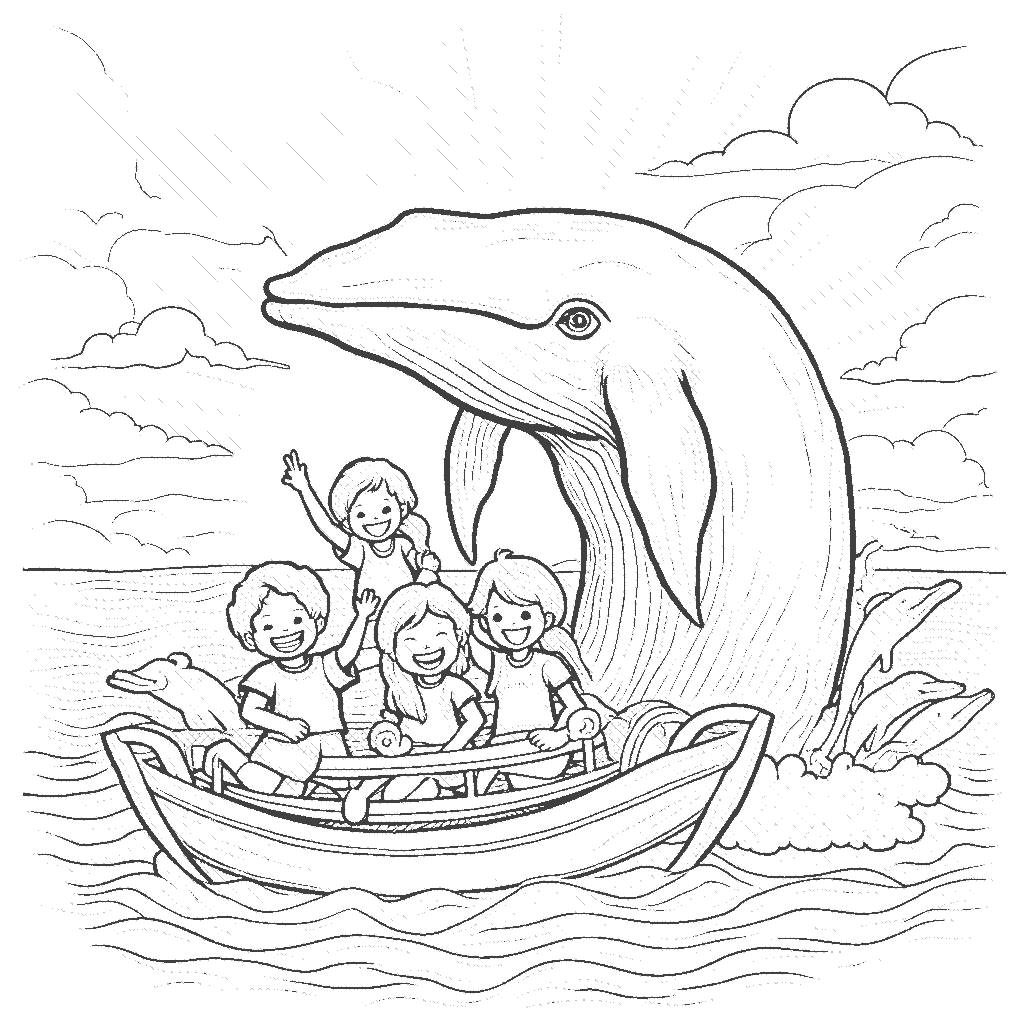 Coloring Page: Whale Watching - A majestic whale breaches the ocean surface, splashing water and creating rainbows in the mist. On a small boat, a delighted family points and watches in awe, surrounded by cheerful dolphins.