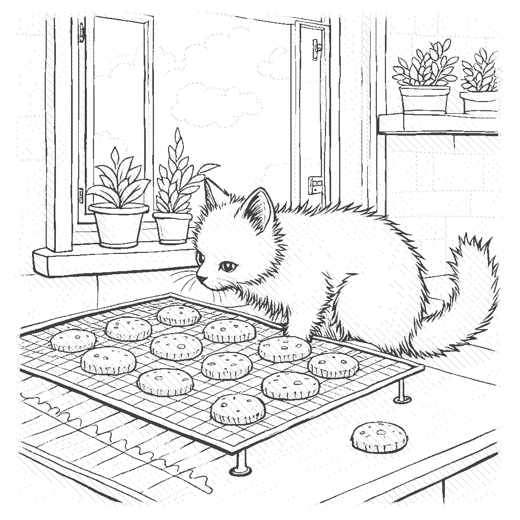 Coloring Page: Cat and Catnip Cookies - A fluffy gray cat is curiously sniffing a batch of catnip cookies cooling on a cookie rack in a sunny kitchen. The windows are open, letting in a gentle breeze, and a few plants are on the windowsill. One cookie has rolled onto the floor, and the cat looks excitedly at it.