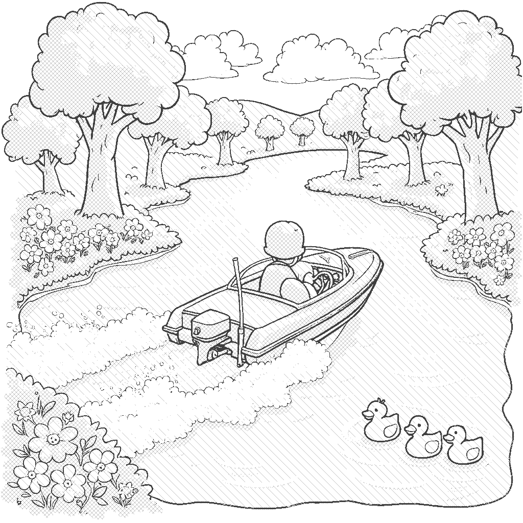 Coloring Page: River Adventure - A lively motorboat speeding down a winding river surrounded by lush green trees and colorful flowers. Sprays of water are being splashed up from the back of the boat as it zips past a family of ducks swimming peacefully.