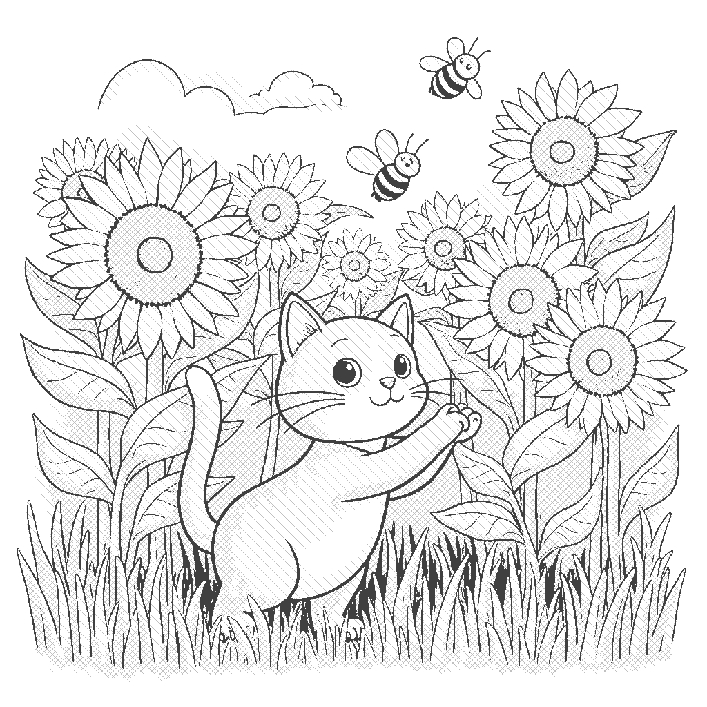 Coloring Page: Cat in a Sunflower Field - A curious cat explores a vast field of sunflowers, playfully hiding between the tall stems and peeking out at a buzzing bee nearby.