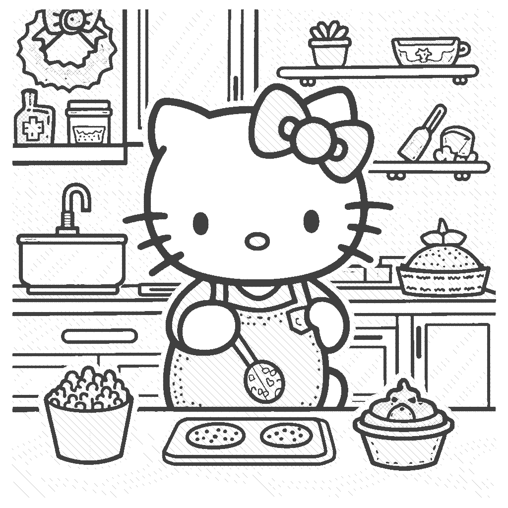 Coloring Page: Hello Kitty Baking Holiday Treats - Hello Kitty baking holiday treats in a cozy kitchen, with flour scattered about and warm gingerbread cookies shaped like snowmen waiting to be decorated.