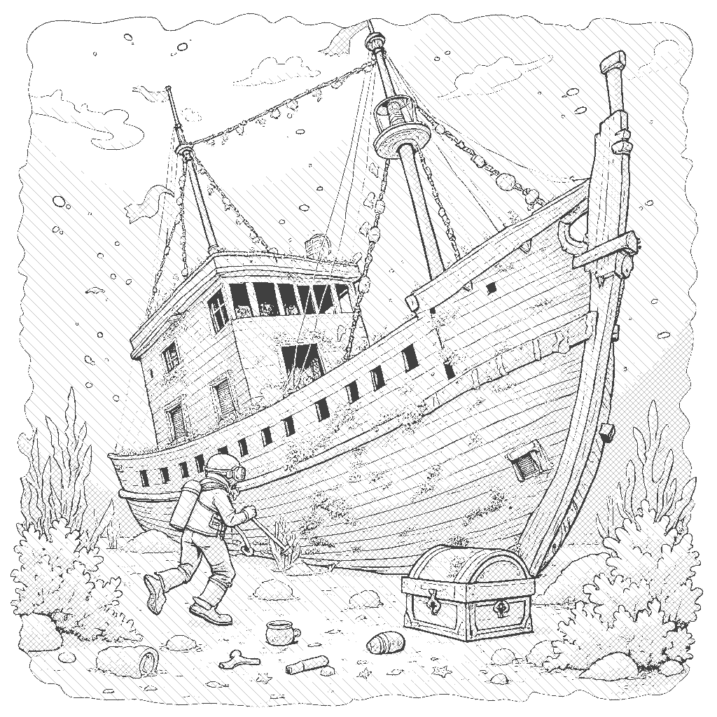 Coloring Page: Sunken Ship Discovery - A diver investigating a mysterious, sunken ship resting on the ocean floor. The ship is partially covered in seaweed and barnacles, with fish swimming in and out of the broken hull. The diver is examining artifacts scattered around the wreck, such as an old treasure chest and pottery shards.