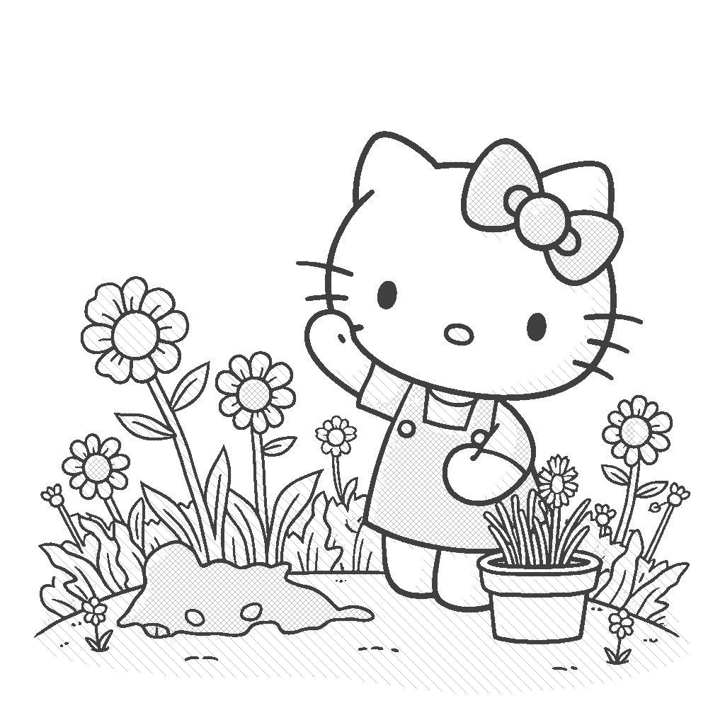 Coloring Page: Hello Kitty Gardening Club - Hello Kitty planting flowers in a school garden, with colorful pots and bright flowers blooming all around, enjoying the sunshine.