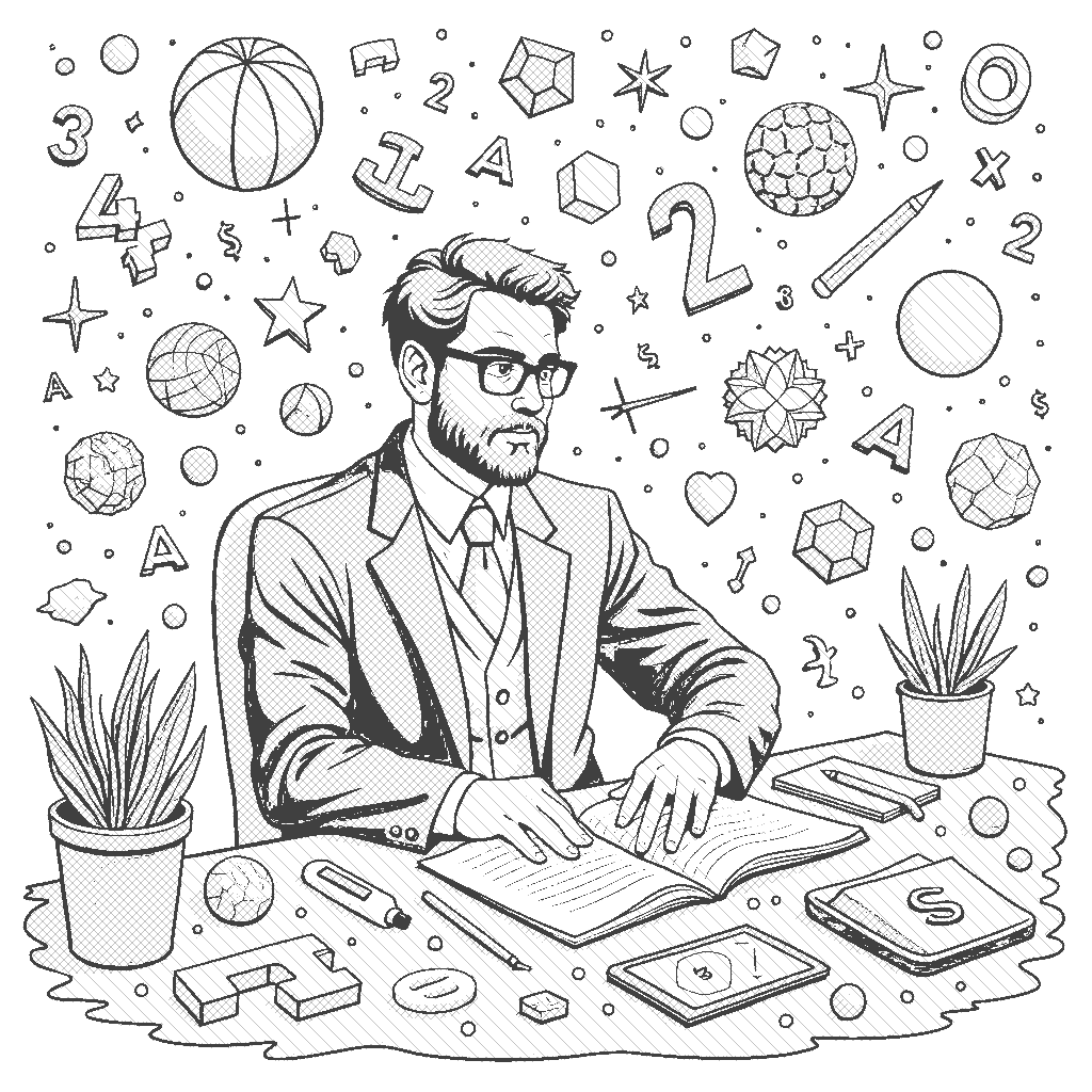 Coloring Page: The Mathematician's Puzzle - A mathematician is sitting at a desk covered with numbers and geometric shapes, surrounded by floating digits and formulas that come to life around them.