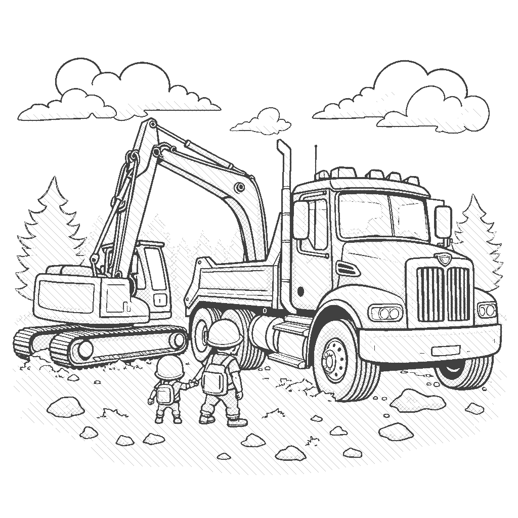 Coloring Page: The Rescue Mission - A tow truck is pulling a broken down construction truck out of the mud, while a small excavator stands by cheering them on, ready to assist.