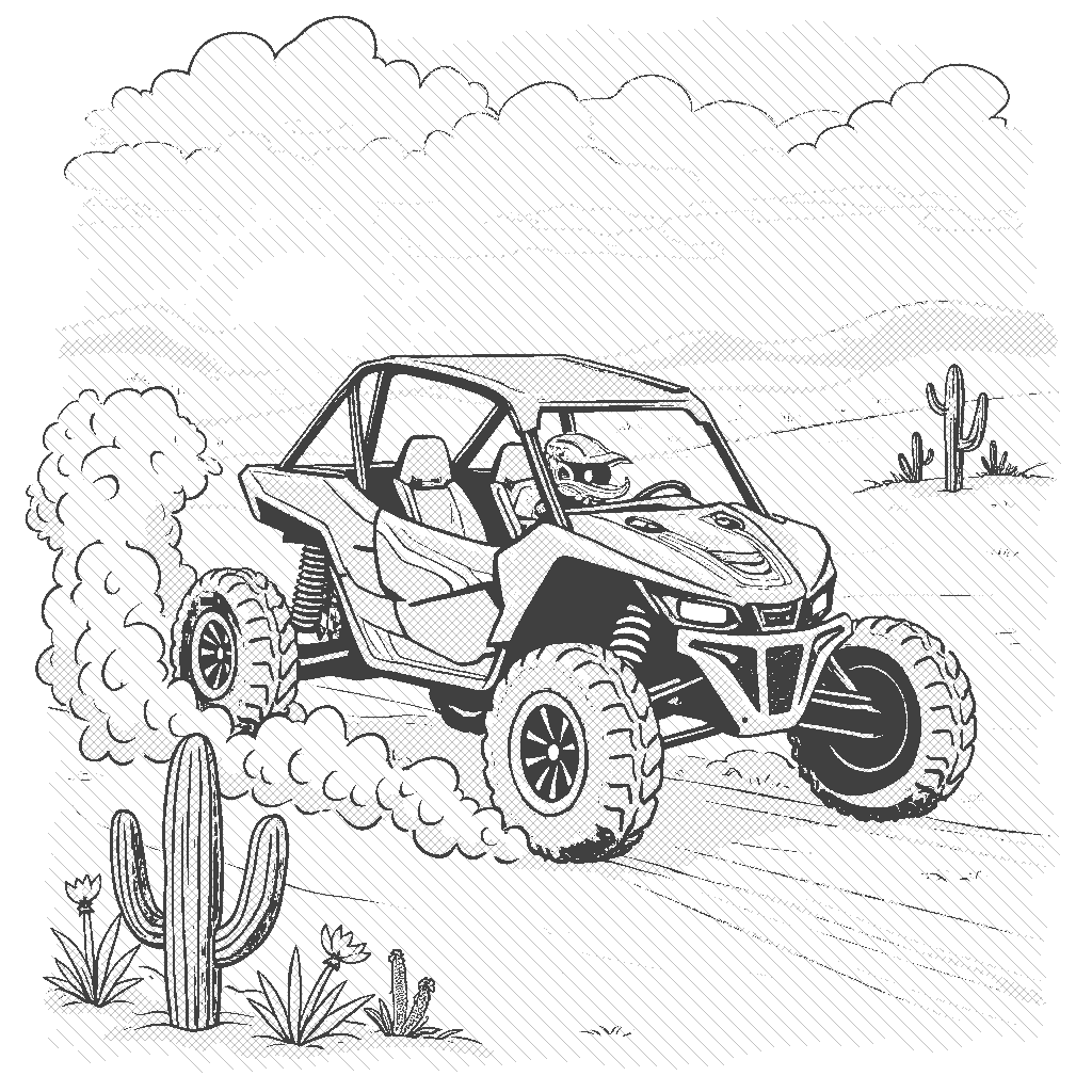 Coloring Page: Dune Buggy Adventure - A colorful dune buggy racing across the sandy dunes, kicking up a cloud of dust behind it. The sun sets in the background, casting warm orange and pink hues across the sky. Cacti and sparse desert plants decorate the foreground.