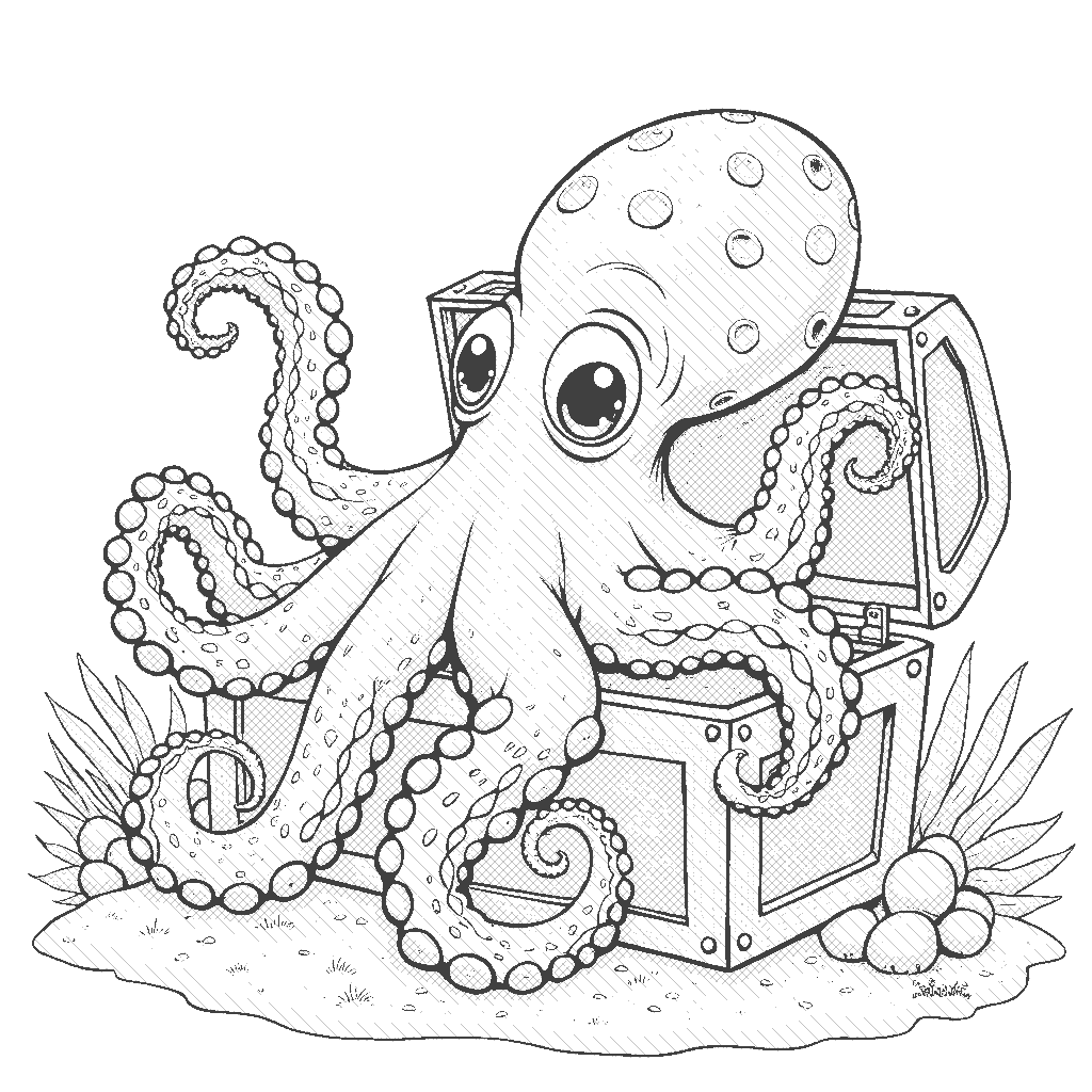 Coloring Page: Octopus Hide and Seek - A curious octopus wrapped around a treasure chest, with only its eyes visible, peeking out from behind it, in a sandy seabed setting.